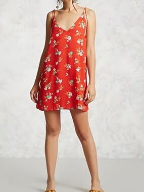 EVERLY Floral Sundress Spaghetti Straps Tie in Back Orange White Sheath Dress M